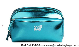 China promotional PU shining blue cosmetic bag supplier